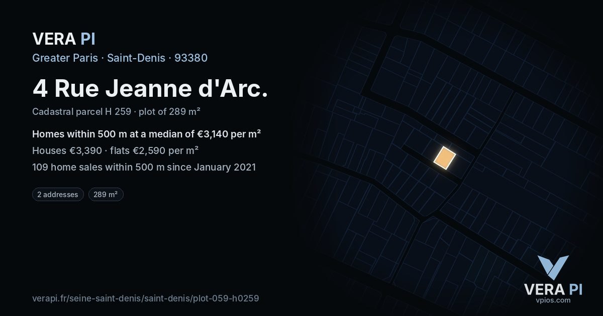 4 Rue Jeanne d'Arc, Saint-Denis at night – the plot lit, the parcels around coloured by the prices near them