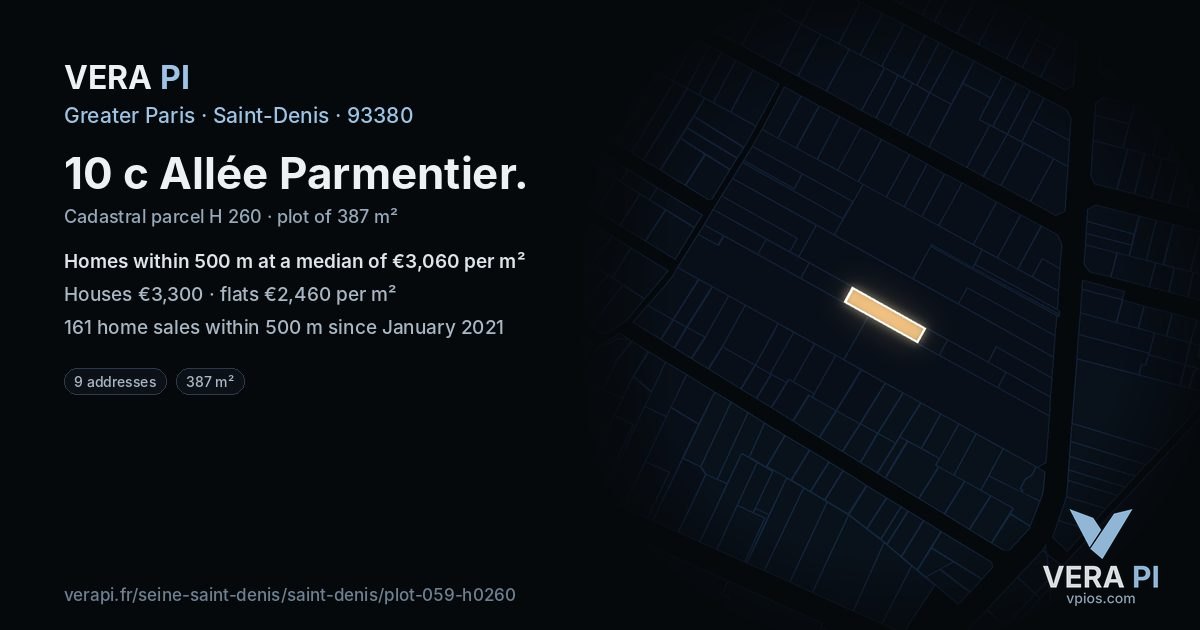 10 c Allée Parmentier, Saint-Denis at night – the plot lit, the parcels around coloured by the prices near them