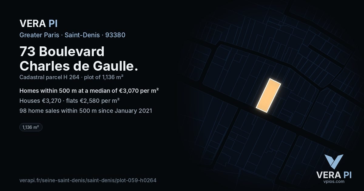 73 Boulevard Charles de Gaulle, Saint-Denis at night – the plot lit, the parcels around coloured by the prices near them