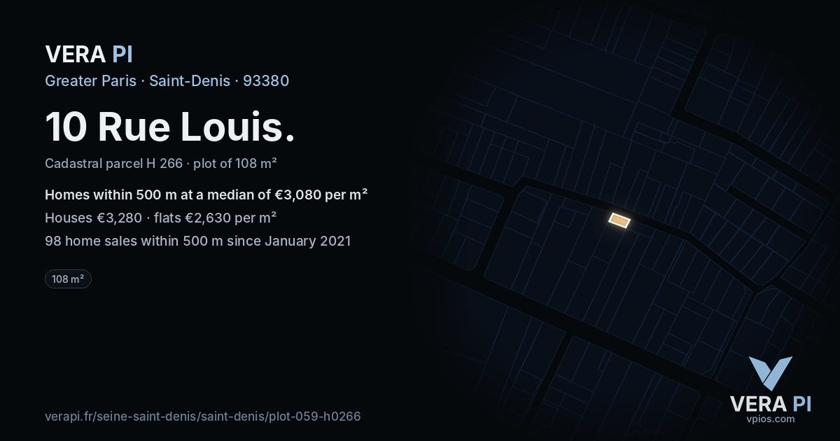 10 Rue Louis, Saint-Denis at night – the plot lit, the parcels around coloured by the prices near them