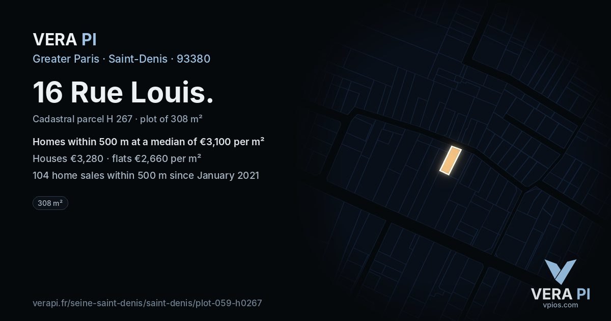 16 Rue Louis, Saint-Denis at night – the plot lit, the parcels around coloured by the prices near them