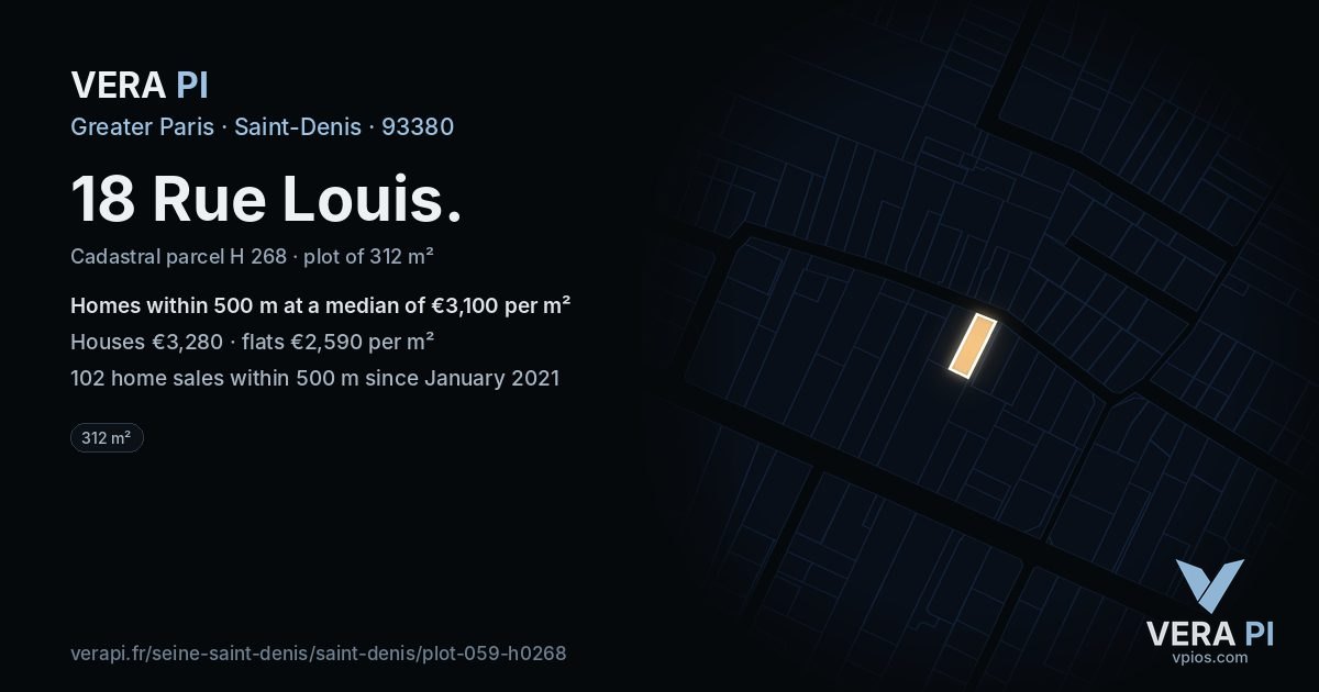 18 Rue Louis, Saint-Denis at night – the plot lit, the parcels around coloured by the prices near them