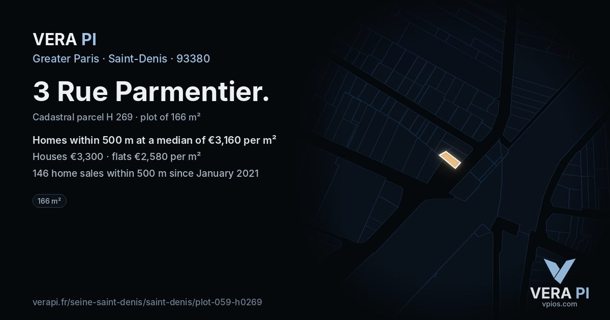 3 Rue Parmentier, Saint-Denis at night – the plot lit, the parcels around coloured by the prices near them