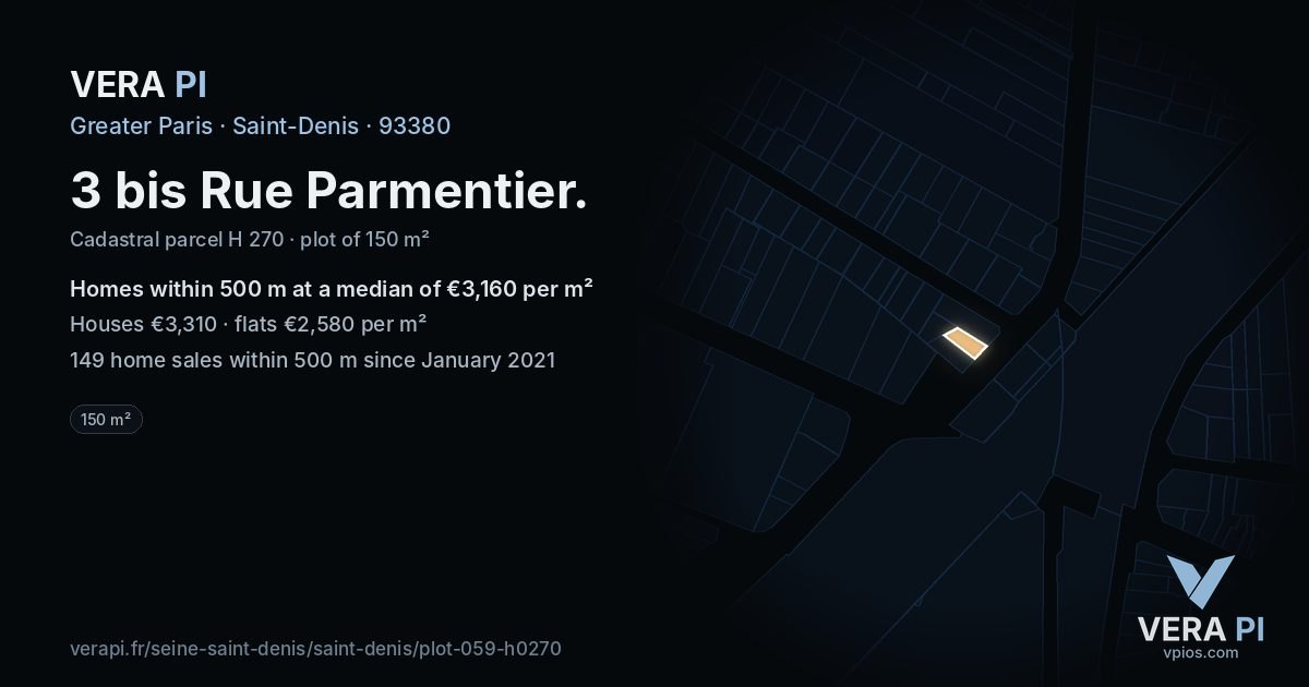 3 bis Rue Parmentier, Saint-Denis at night – the plot lit, the parcels around coloured by the prices near them
