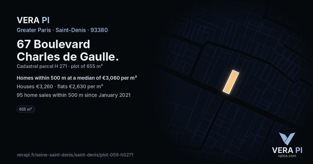 67 Boulevard Charles de Gaulle, Saint-Denis at night – the plot lit, the parcels around coloured by the prices near them