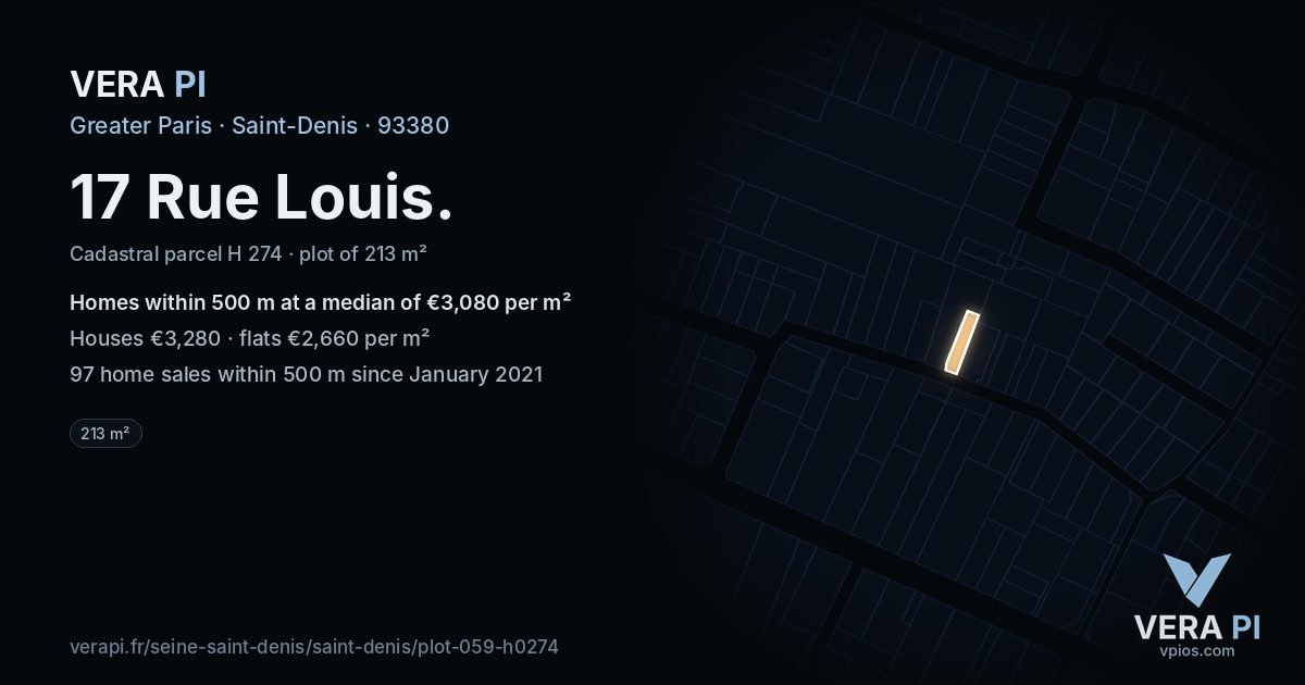 17 Rue Louis, Saint-Denis at night – the plot lit, the parcels around coloured by the prices near them