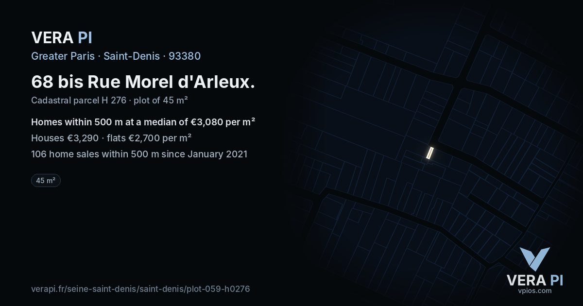 68 bis Rue Morel d'Arleux, Saint-Denis at night – the plot lit, the parcels around coloured by the prices near them