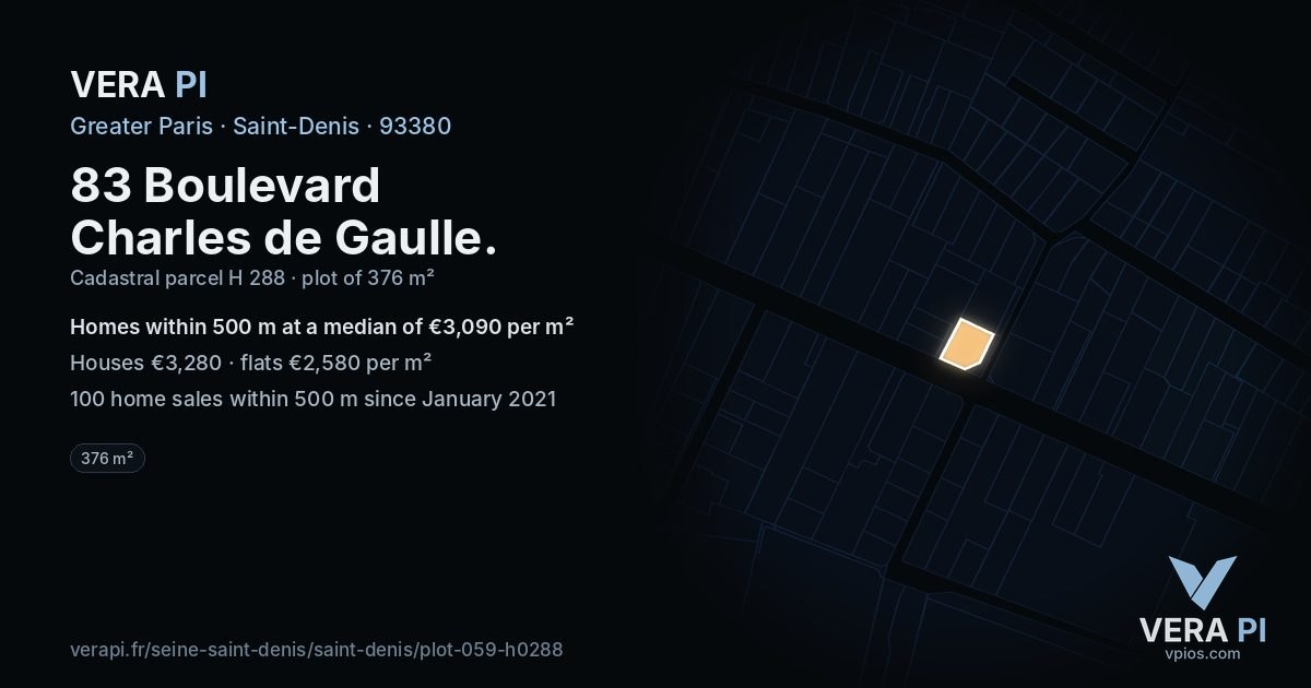 83 Boulevard Charles de Gaulle, Saint-Denis at night – the plot lit, the parcels around coloured by the prices near them