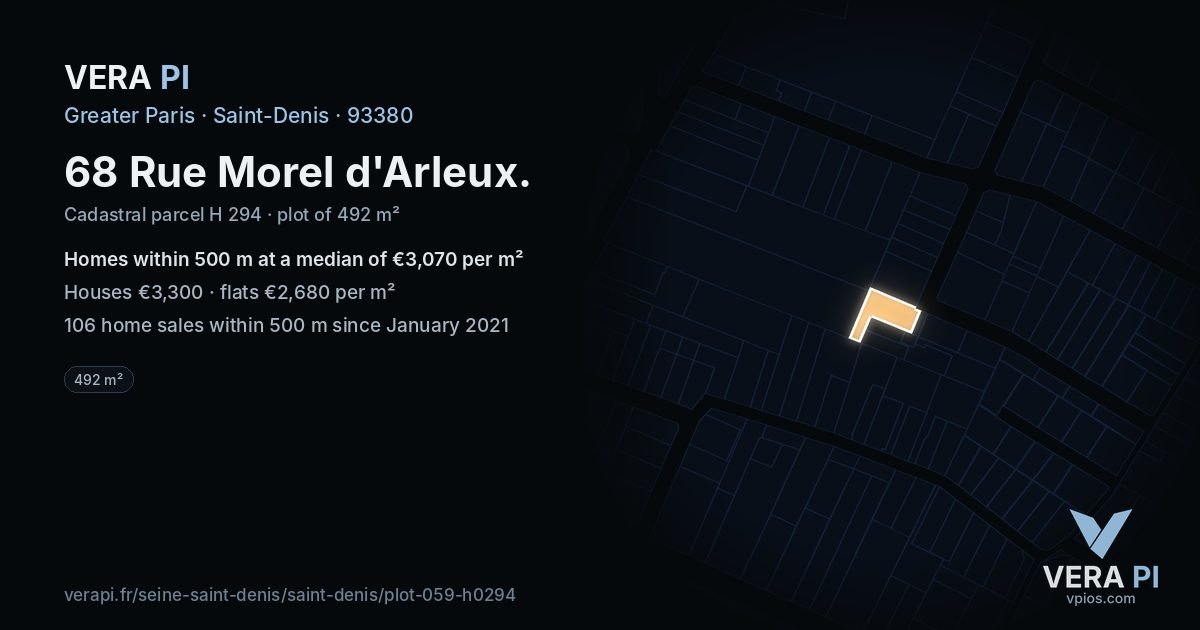 68 Rue Morel d'Arleux, Saint-Denis at night – the plot lit, the parcels around coloured by the prices near them