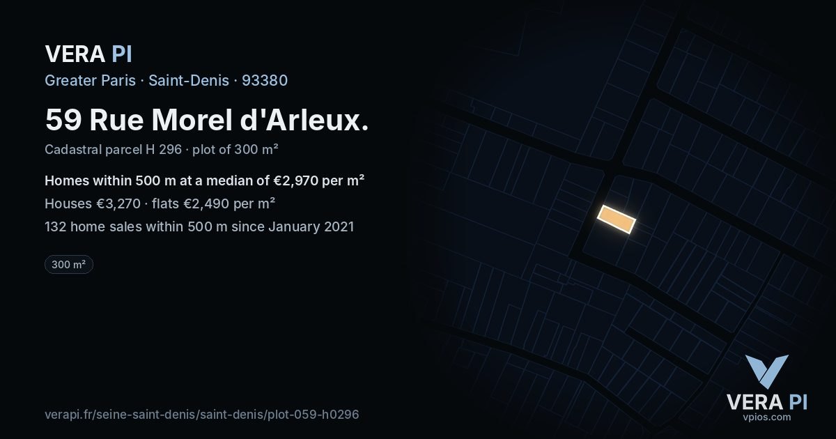 59 Rue Morel d'Arleux, Saint-Denis at night – the plot lit, the parcels around coloured by the prices near them