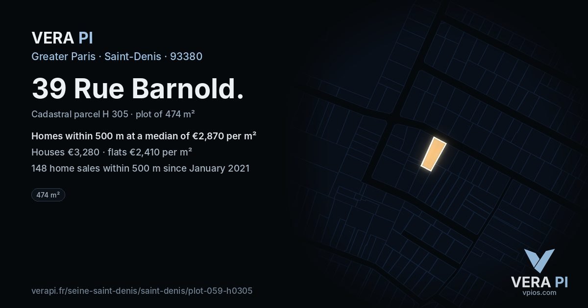 39 Rue Barnold, Saint-Denis at night – the plot lit, the parcels around coloured by the prices near them