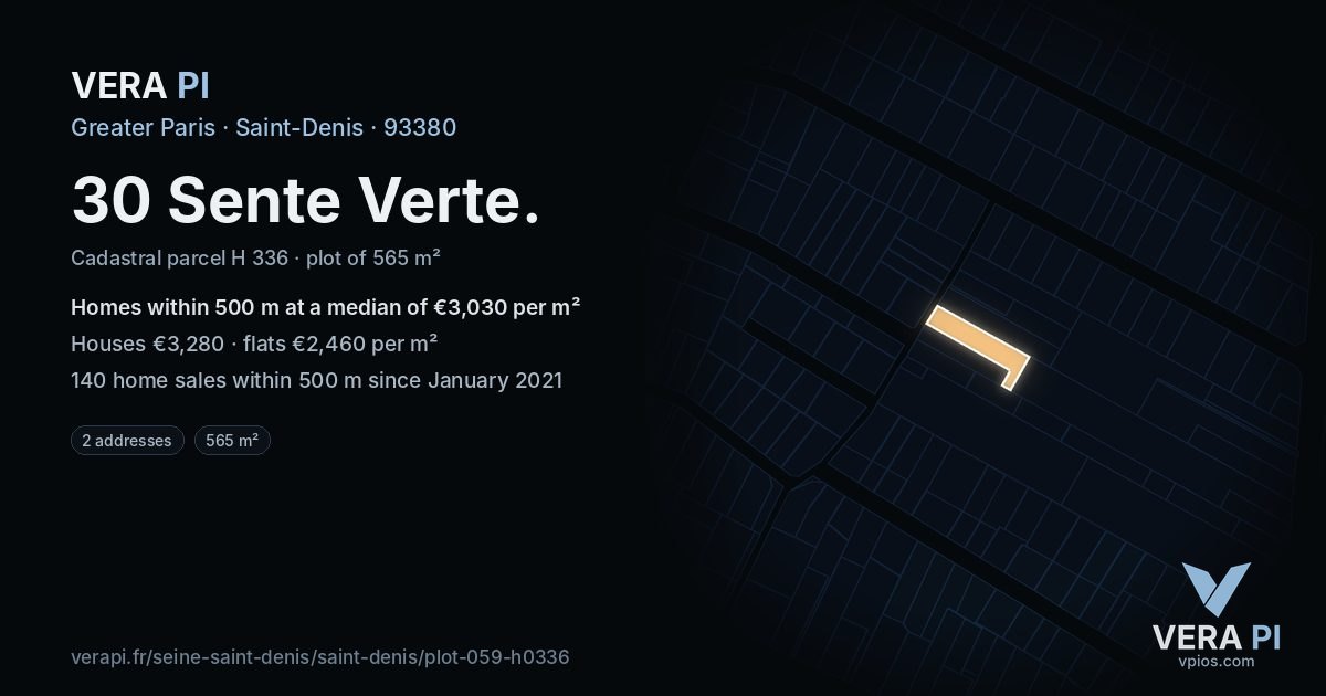 30 Sente Verte, Saint-Denis at night – the plot lit, the parcels around coloured by the prices near them