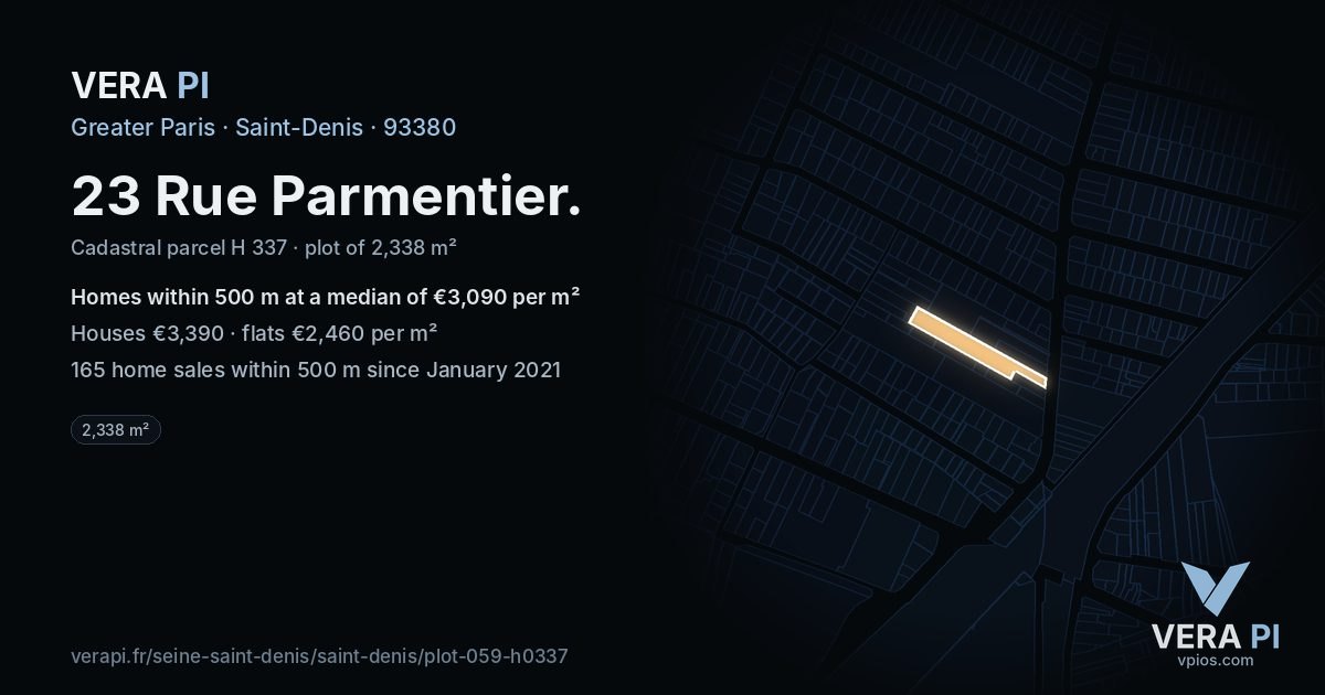 23 Rue Parmentier, Saint-Denis at night – the plot lit, the parcels around coloured by the prices near them