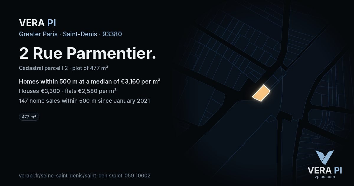 2 Rue Parmentier, Saint-Denis at night – the plot lit, the parcels around coloured by the prices near them