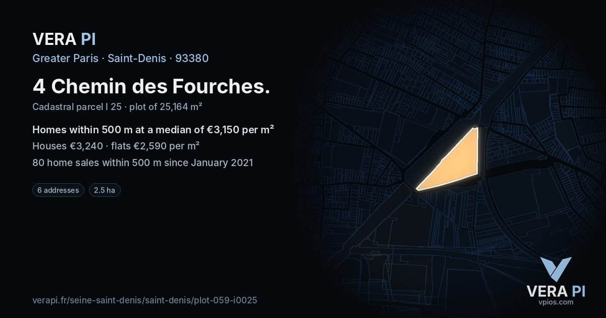4 Chemin des Fourches, Saint-Denis at night – the plot lit, the parcels around coloured by the prices near them
