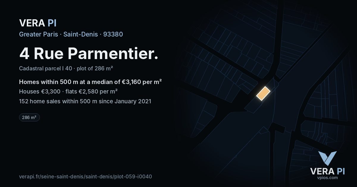 4 Rue Parmentier, Saint-Denis at night – the plot lit, the parcels around coloured by the prices near them