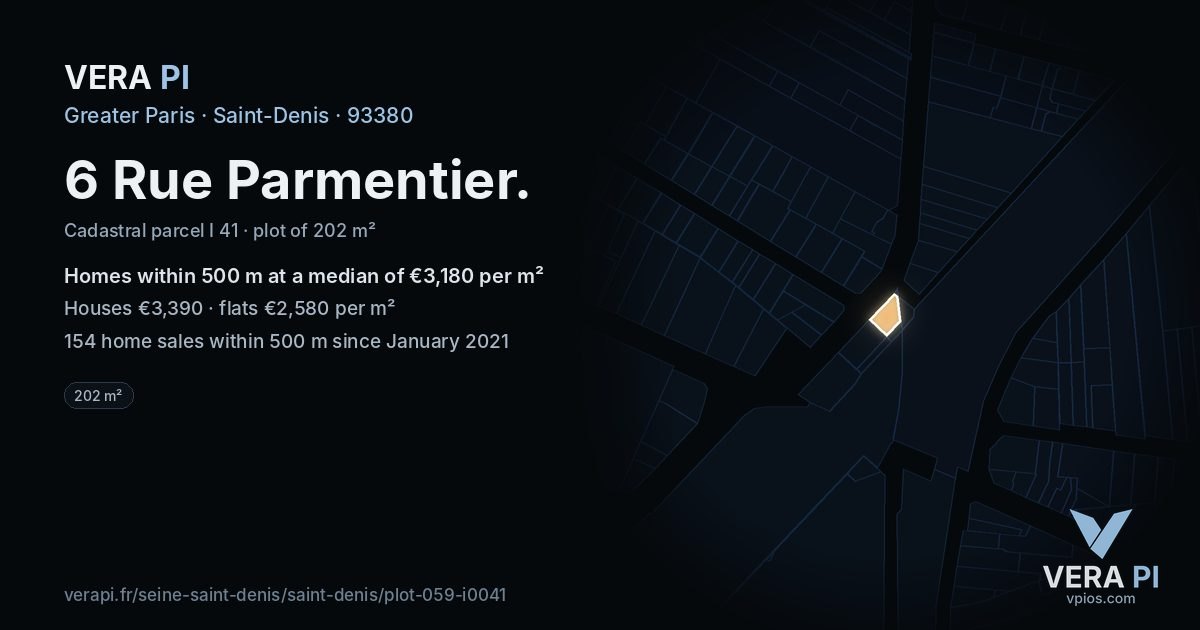 6 Rue Parmentier, Saint-Denis at night – the plot lit, the parcels around coloured by the prices near them