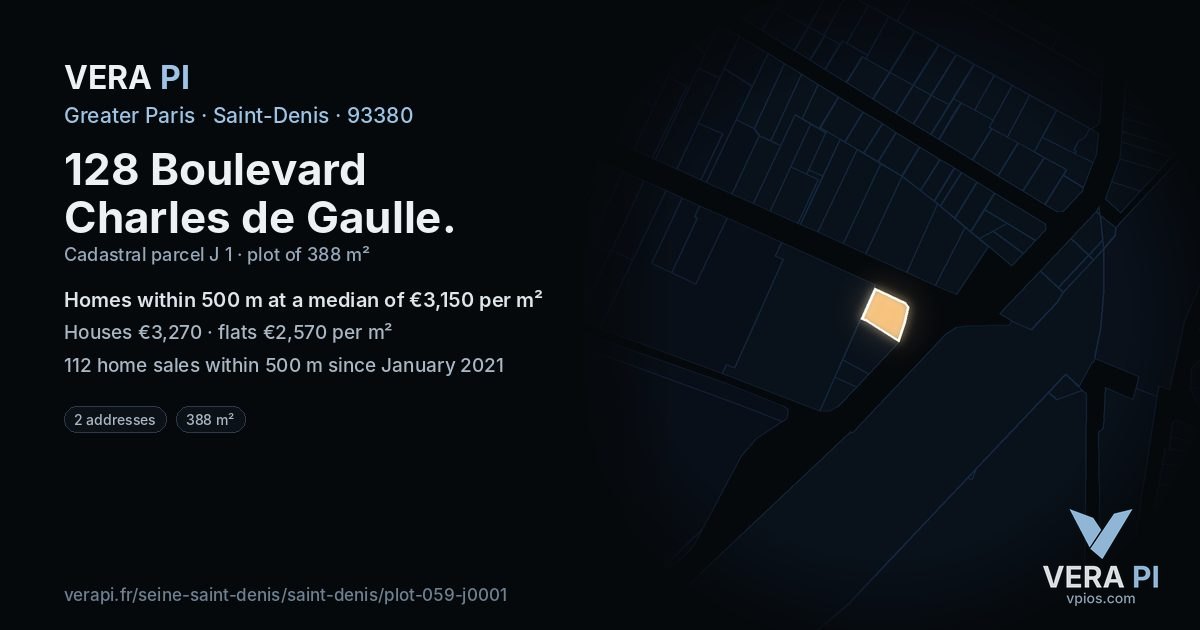 128 Boulevard Charles de Gaulle, Saint-Denis at night – the plot lit, the parcels around coloured by the prices near them