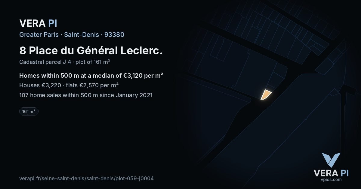 8 Place du Général Leclerc, Saint-Denis at night – the plot lit, the parcels around coloured by the prices near them