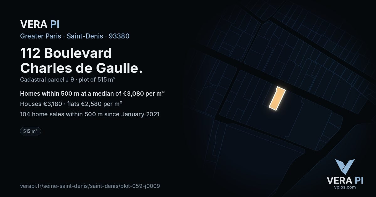 112 Boulevard Charles de Gaulle, Saint-Denis at night – the plot lit, the parcels around coloured by the prices near them