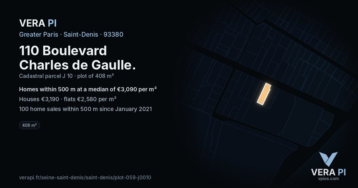 110 Boulevard Charles de Gaulle, Saint-Denis at night – the plot lit, the parcels around coloured by the prices near them