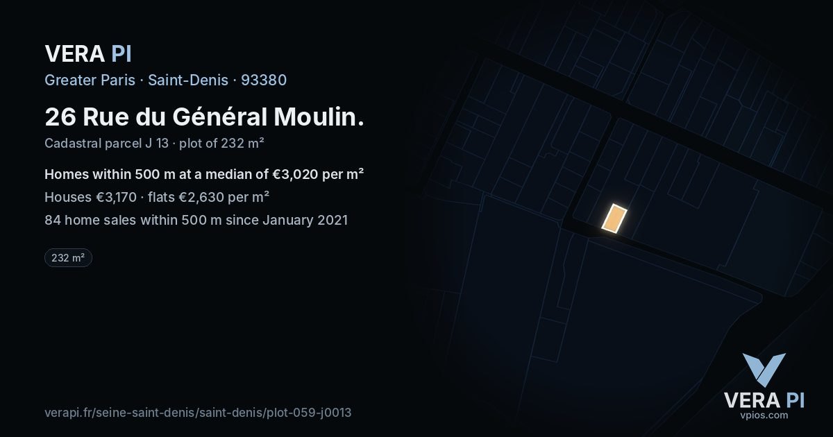 26 Rue du Général Moulin, Saint-Denis at night – the plot lit, the parcels around coloured by the prices near them