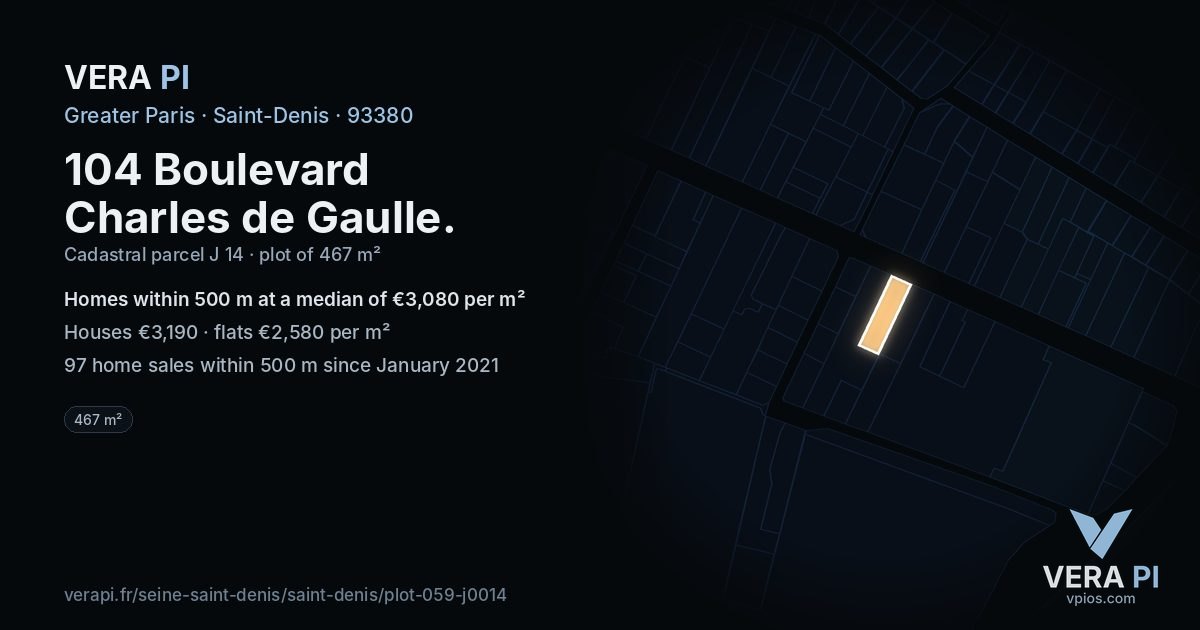 104 Boulevard Charles de Gaulle, Saint-Denis at night – the plot lit, the parcels around coloured by the prices near them