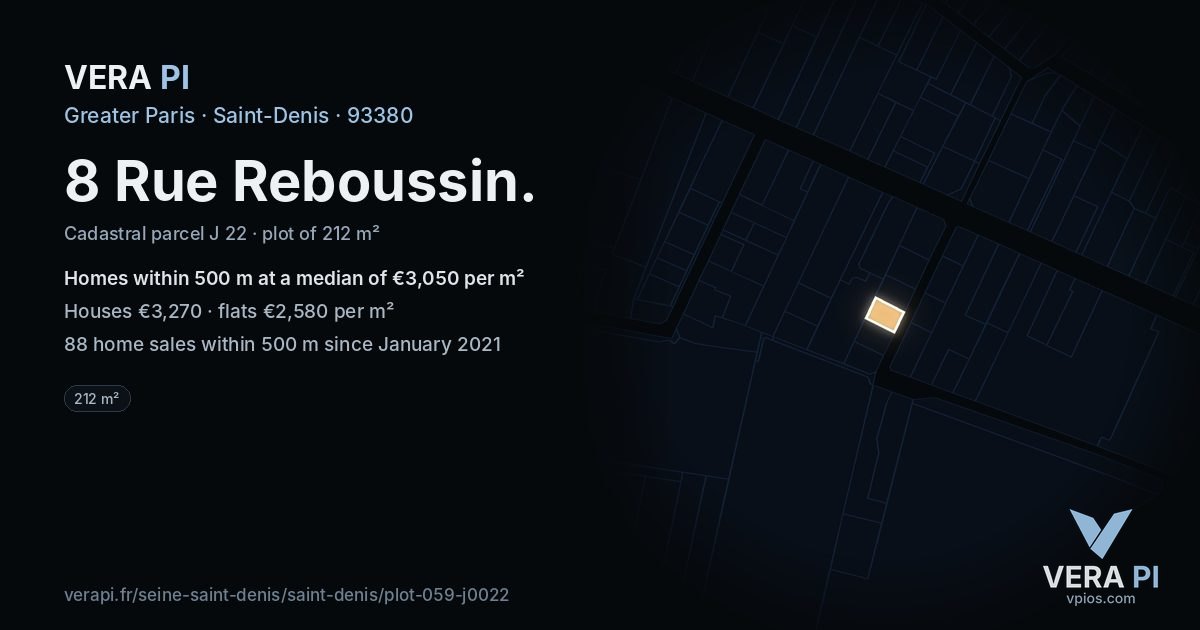 8 Rue Reboussin, Saint-Denis at night – the plot lit, the parcels around coloured by the prices near them