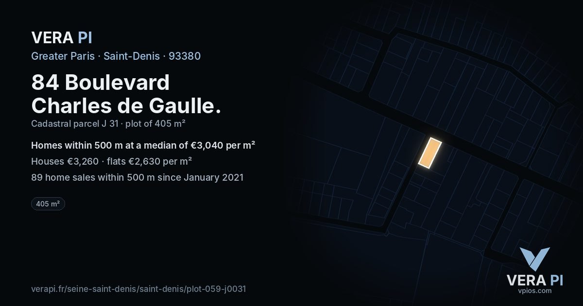 84 Boulevard Charles de Gaulle, Saint-Denis at night – the plot lit, the parcels around coloured by the prices near them