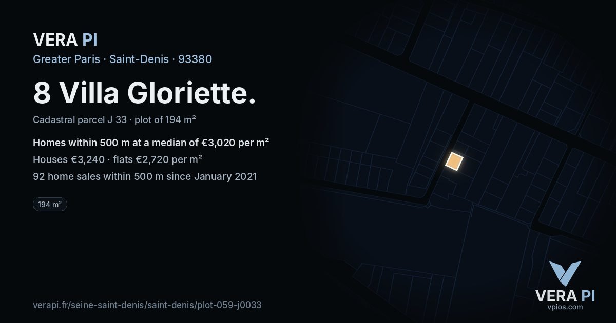 8 Villa Gloriette, Saint-Denis at night – the plot lit, the parcels around coloured by the prices near them