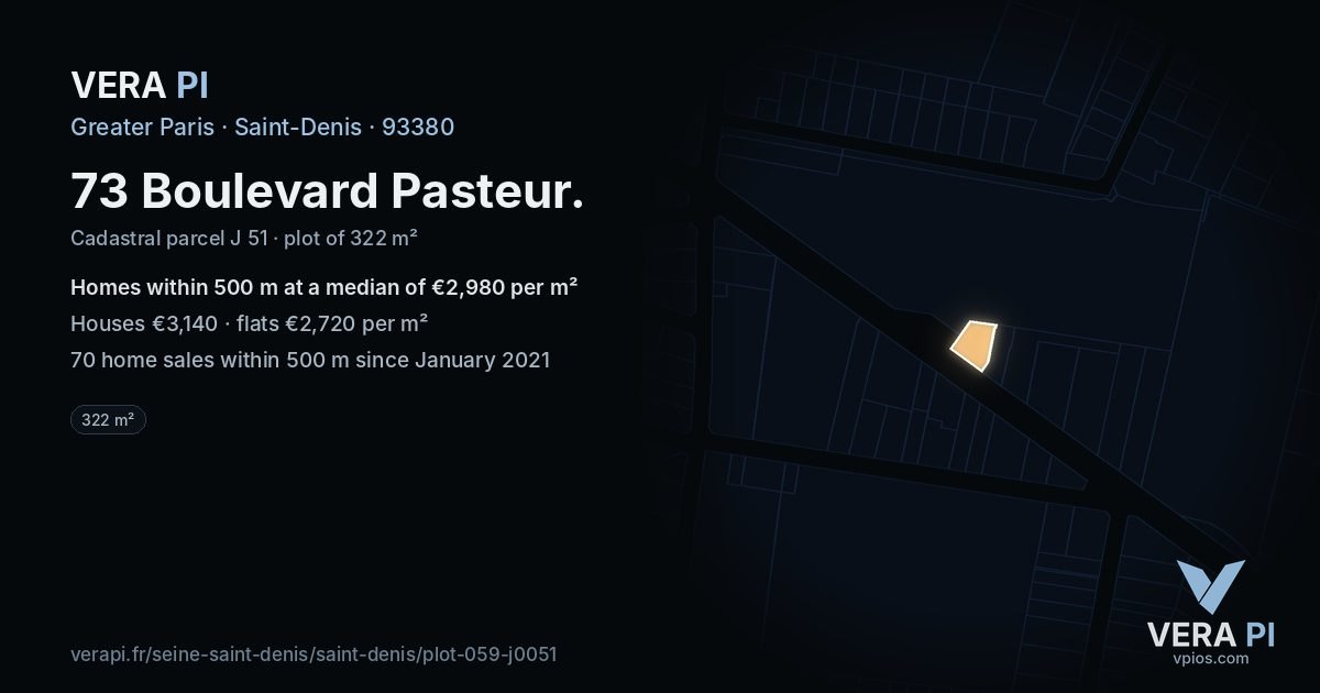 73 Boulevard Pasteur, Saint-Denis at night – the plot lit, the parcels around coloured by the prices near them