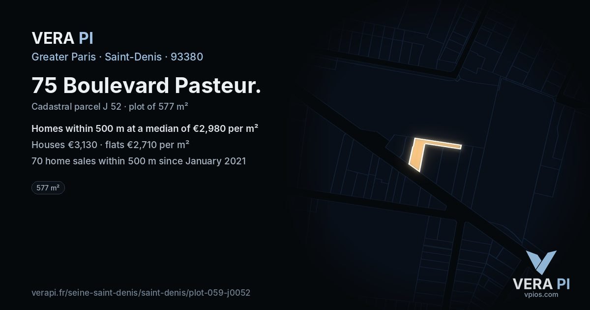 75 Boulevard Pasteur, Saint-Denis at night – the plot lit, the parcels around coloured by the prices near them