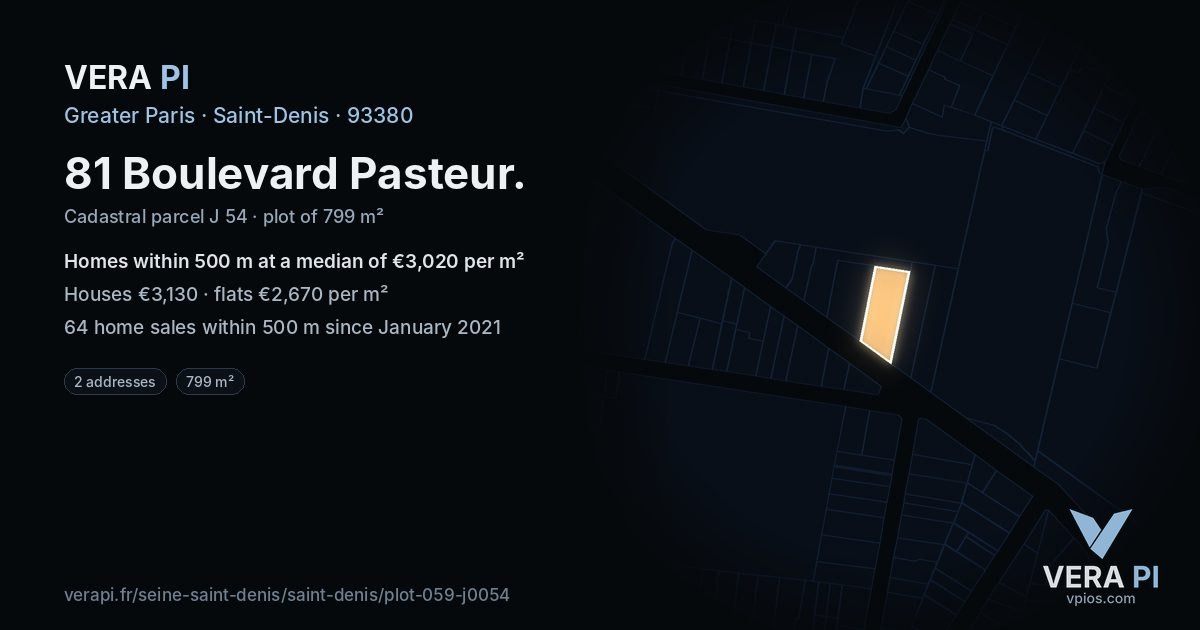 81 Boulevard Pasteur, Saint-Denis at night – the plot lit, the parcels around coloured by the prices near them
