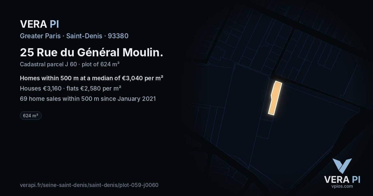 25 Rue du Général Moulin, Saint-Denis at night – the plot lit, the parcels around coloured by the prices near them