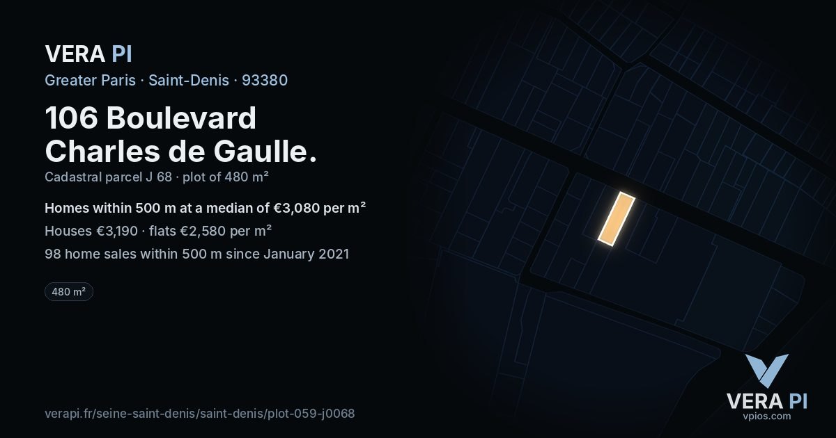 106 Boulevard Charles de Gaulle, Saint-Denis at night – the plot lit, the parcels around coloured by the prices near them