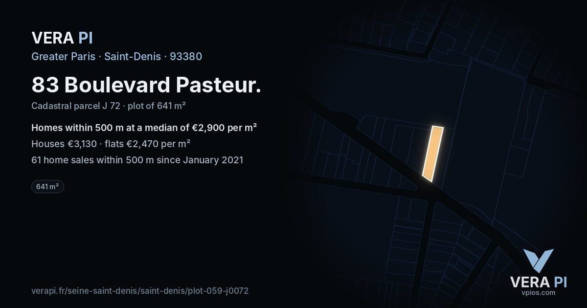 83 Boulevard Pasteur, Saint-Denis at night – the plot lit, the parcels around coloured by the prices near them