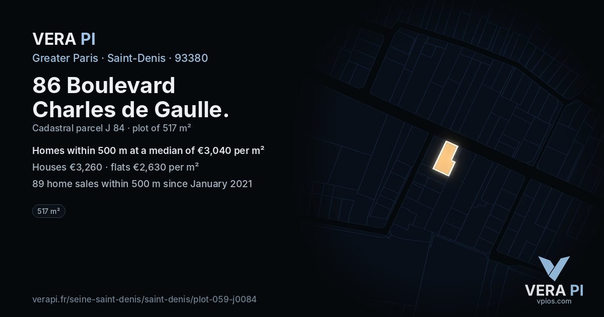 86 Boulevard Charles de Gaulle, Saint-Denis at night – the plot lit, the parcels around coloured by the prices near them