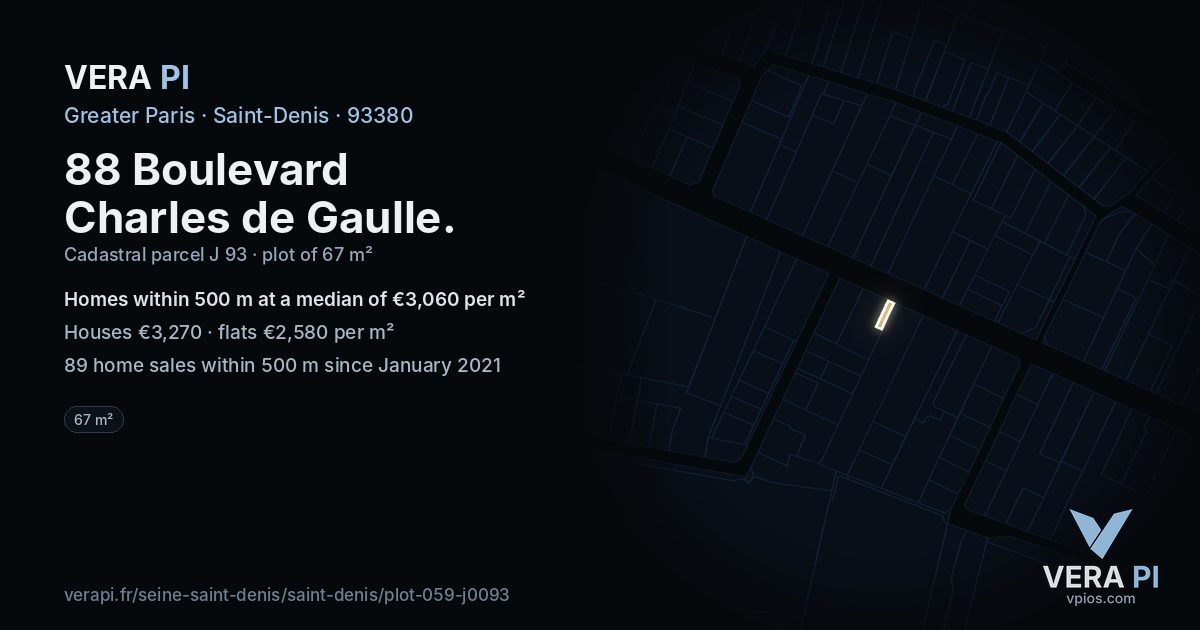 88 Boulevard Charles de Gaulle, Saint-Denis at night – the plot lit, the parcels around coloured by the prices near them
