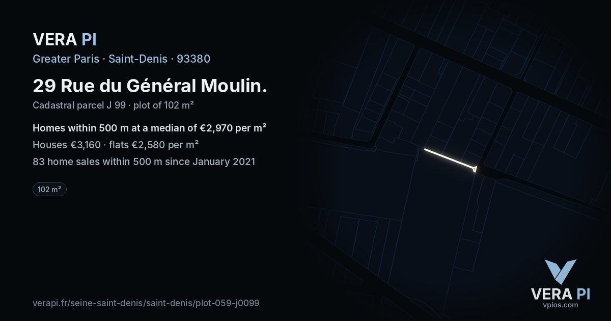 29 Rue du Général Moulin, Saint-Denis at night – the plot lit, the parcels around coloured by the prices near them