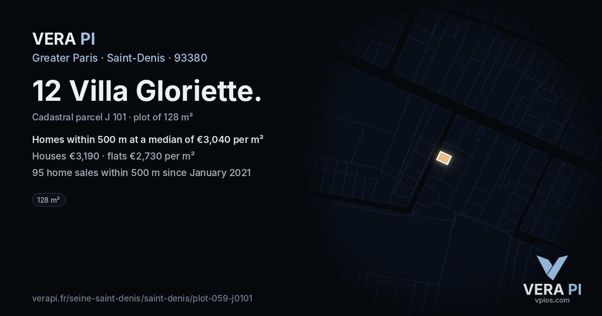12 Villa Gloriette, Saint-Denis at night – the plot lit, the parcels around coloured by the prices near them