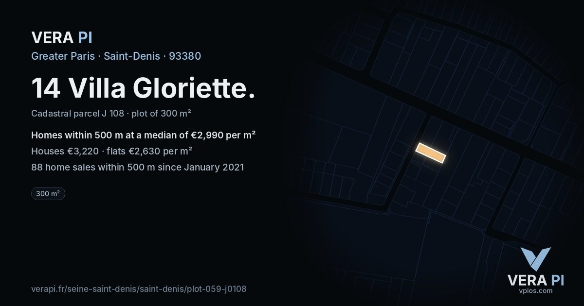 14 Villa Gloriette, Saint-Denis at night – the plot lit, the parcels around coloured by the prices near them