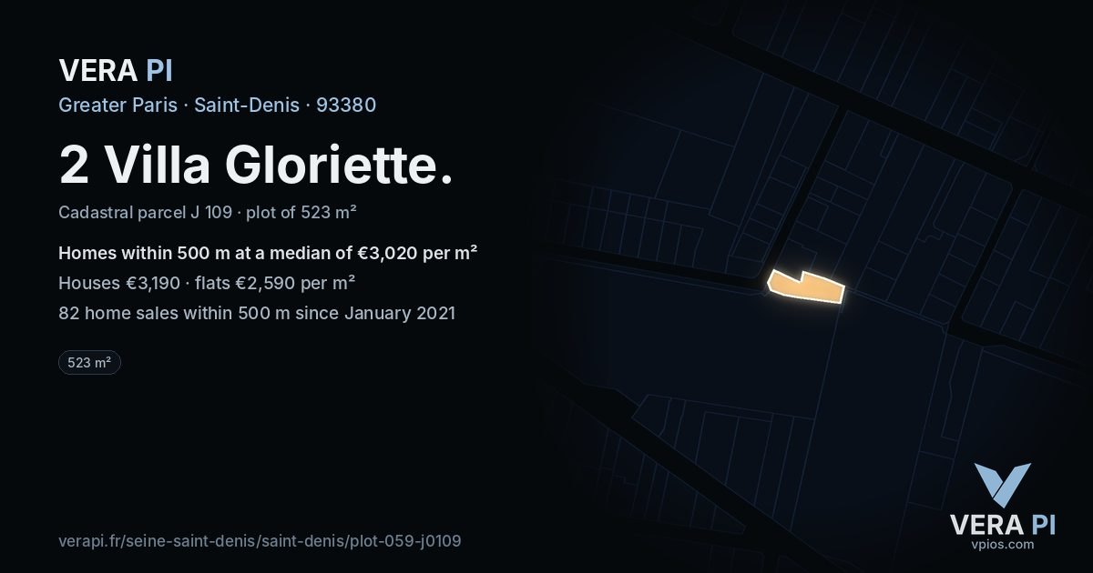 2 Villa Gloriette, Saint-Denis at night – the plot lit, the parcels around coloured by the prices near them