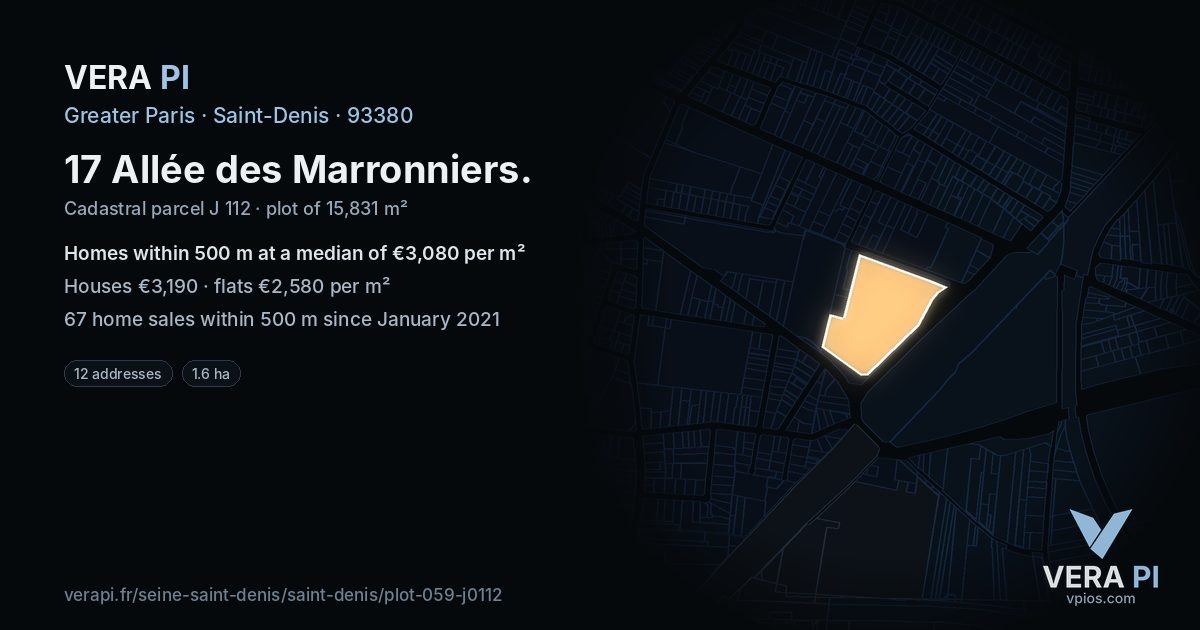 17 Allée des Marronniers, Saint-Denis at night – the plot lit, the parcels around coloured by the prices near them