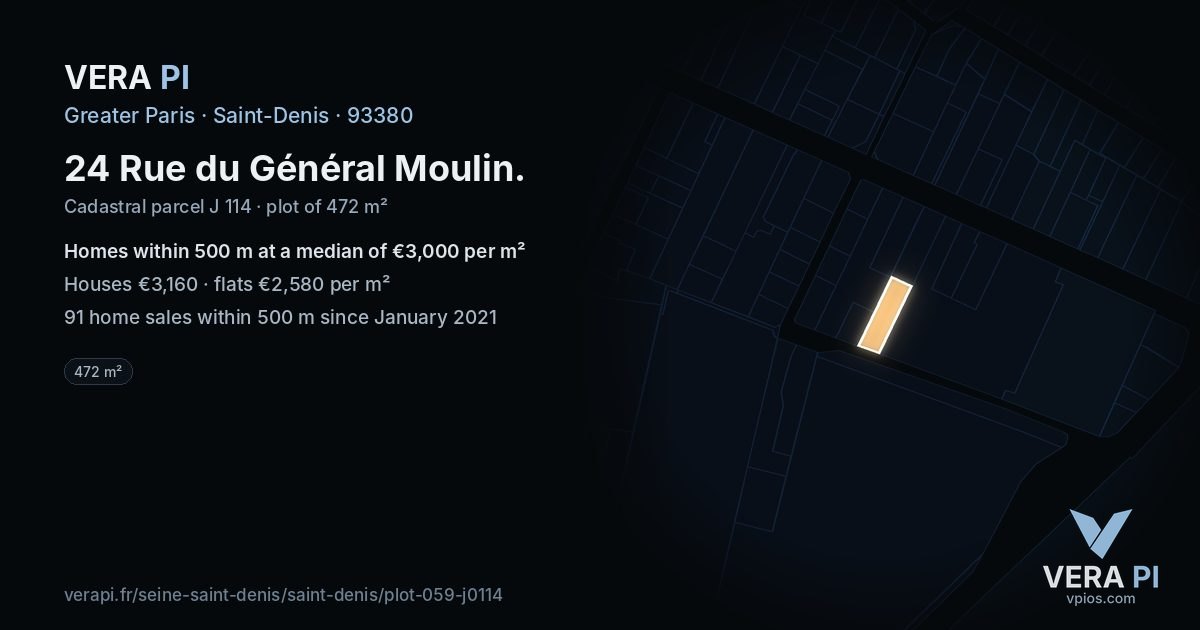 24 Rue du Général Moulin, Saint-Denis at night – the plot lit, the parcels around coloured by the prices near them