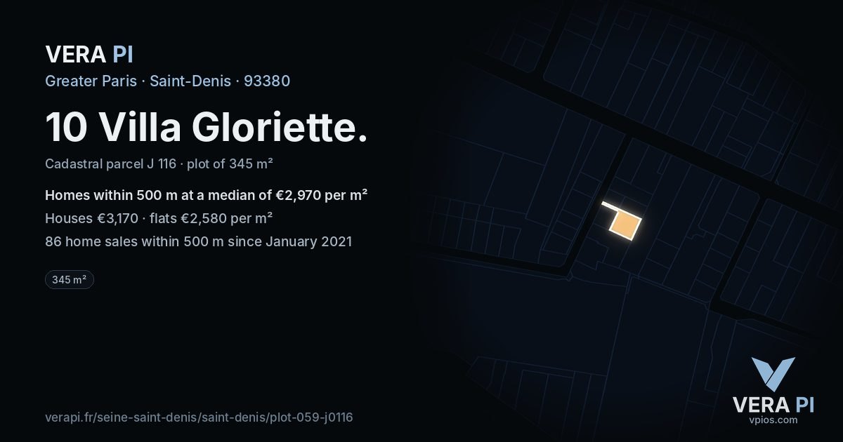 10 Villa Gloriette, Saint-Denis at night – the plot lit, the parcels around coloured by the prices near them