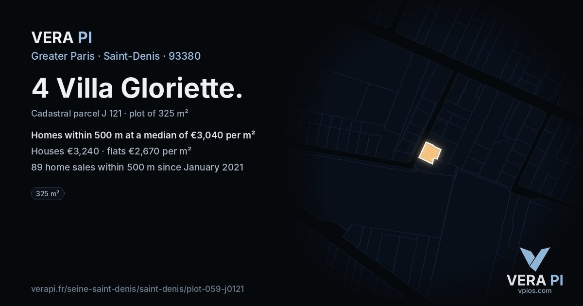 4 Villa Gloriette, Saint-Denis at night – the plot lit, the parcels around coloured by the prices near them