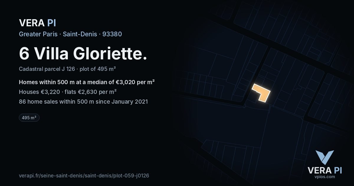 6 Villa Gloriette, Saint-Denis at night – the plot lit, the parcels around coloured by the prices near them