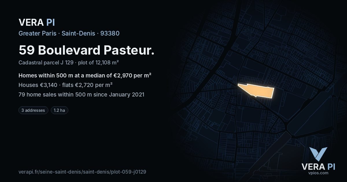 59 Boulevard Pasteur, Saint-Denis at night – the plot lit, the parcels around coloured by the prices near them
