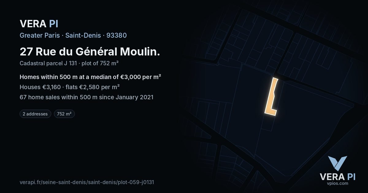 27 Rue du Général Moulin, Saint-Denis at night – the plot lit, the parcels around coloured by the prices near them