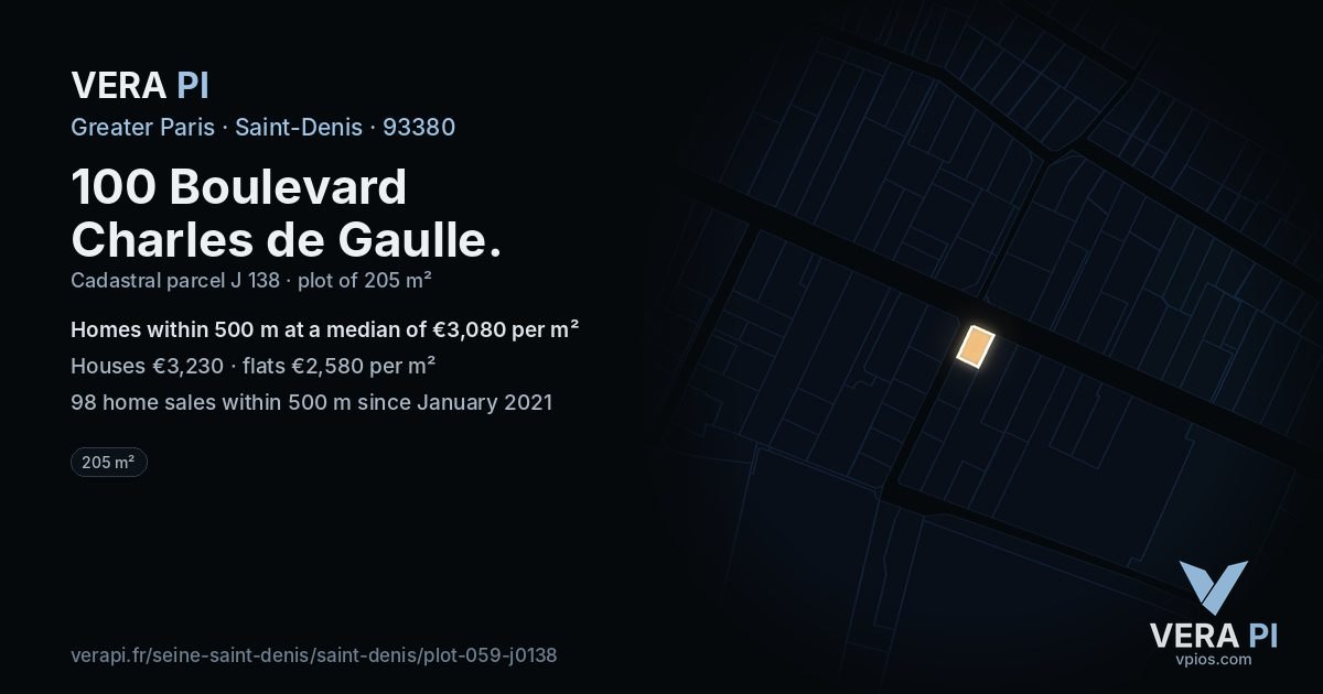 100 Boulevard Charles de Gaulle, Saint-Denis at night – the plot lit, the parcels around coloured by the prices near them